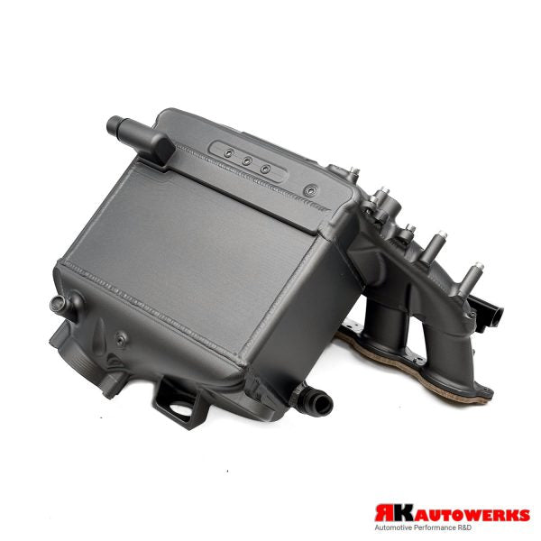 A side view of Thermal Tungsten Grey of the RK Autowerks S58 BILLET PORT INJECTION MANIFOLD with a white background