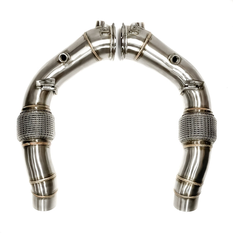 A top view of RK Autowerks F10 F12 M5 M6 CATLESS DOWNPIPES with a white background