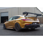 A side wide view of APR Performance GT-250 Carbon Fiber Adjustable Wing for Acura DE5 Integra Type S 2024+ fitted on a golden car on the ground