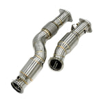 A front view of RK Autowerks G80 G82 M3 M4 CATLESS DOWNPIPES with a white backround