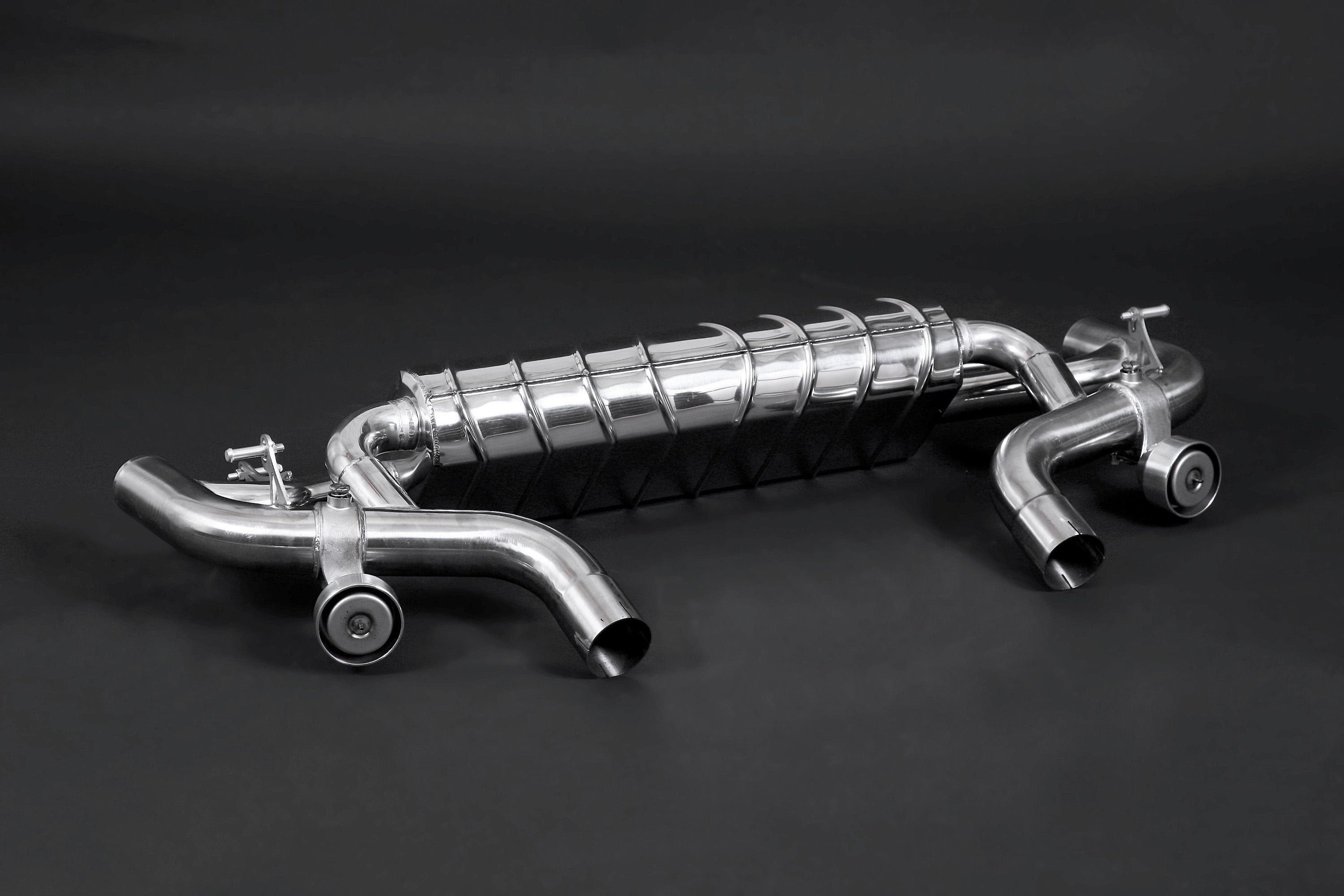 Capristo valved exhaust for the Mercedes-AMG SLS rear section, angled view