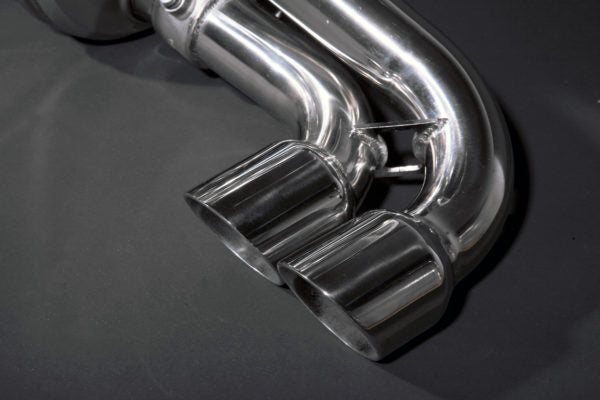 close view of Capristo Valved Exhaust (CES3) for Ferrari 348 1989-1995 with black background