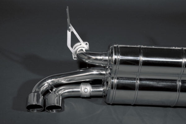 close view of Capristo Valved Exhaust (CES3) for Ferrari 348 1989-1995 with black background