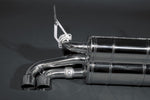 close view of Capristo Valved Exhaust (CES3) for Ferrari 348 1989-1995 with black background