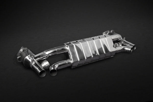 wide side view of Capristo Valved Exhaust with Sports Cats 250 Cell (CES3) for Porsche 991.2 Carrera S Biturbo 2016 – 2019 with black background