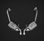 wide view of Capristo Valved Exhaust with Cat Delete (CES3) for Porsche 987 Boxster/Cayman MK2 2005-2012 with black background