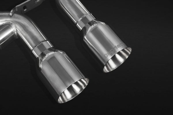 close front view of Capristo Valved Exhaust with Cat Delete (CES3) for Porsche 987 Boxster/Cayman MK2 2005-2012 with black background