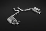 wide side view of Capristo Exhaust BiTurbo Valved Exhaust System (for OE Actuator) for Mercedes AMG C63 (W205) 2017-2021 with black background