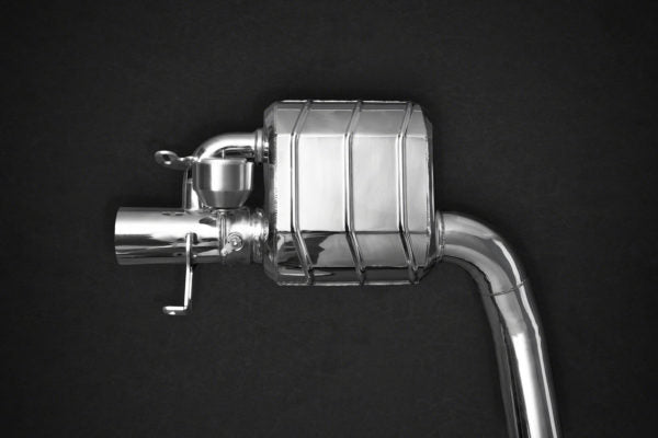close front view of Capristo Exhaust BiTurbo Valved Exhaust System (for OE Actuator) for Mercedes AMG C63 (W205) 2017-2021 with black background