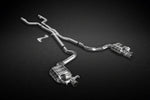 wide front view of Capristo Exhaust BiTurbo Valved Exhaust System (for OE Actuator) for Mercedes AMG C63 (W205) 2017-2021 with black background