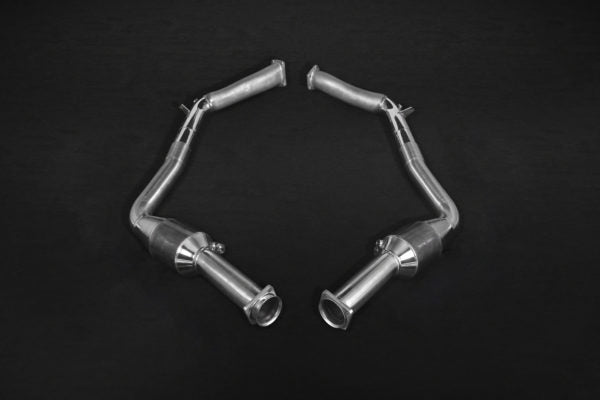 wide front view of Capristo 250 Cell Sport Cat Downpipes for Mercedes AMG G63/500 (W463) 5.5L V8 BiTurbo 2012-2017 black background