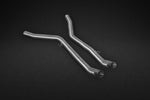 Wide view of Capristo Valved Exhaust with Mid-Pipes with Carbon Tips (CES3) for BMW X5/6M FX 2013-2018 with black background