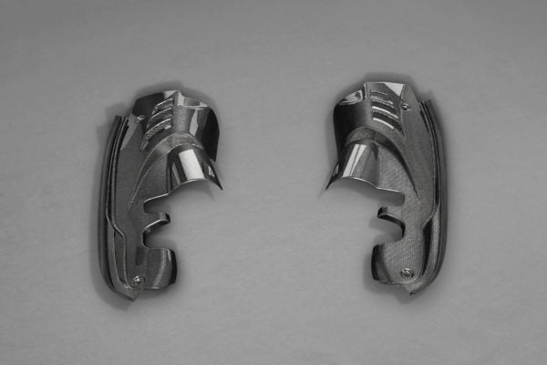 close view of Capristo Carbon Engine Compartment Side Covers (Matte) for Ferrari 488 GTS 2015-2020 with grey background