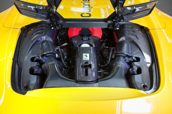 wide view of Capristo Carbon Engine Compartment Side Covers (Matte) for Ferrari 488 GTS 2015-2020 fitted in car