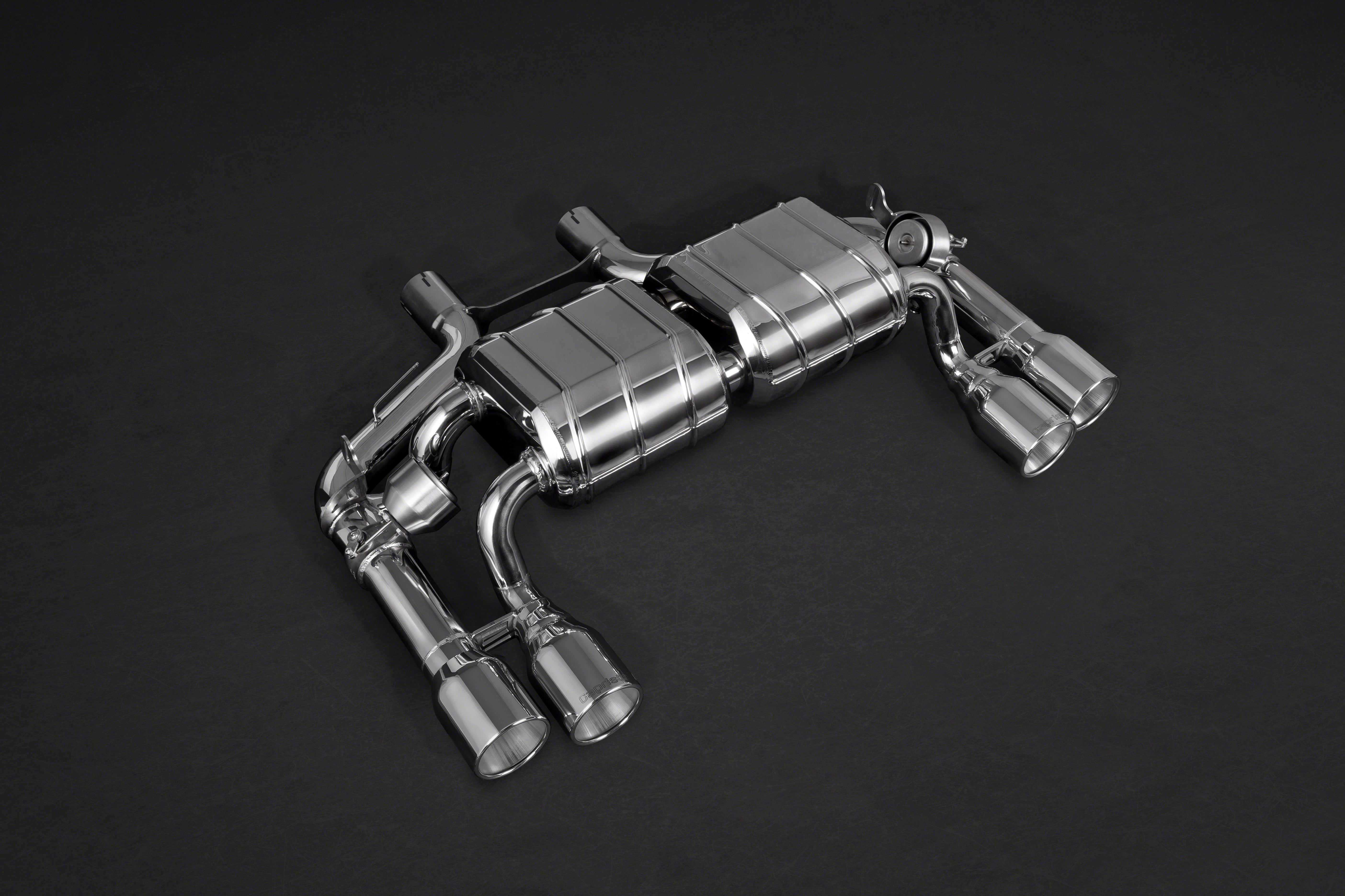 Capristo BMW M2 F87 valved exhaust with polished tips, angled view