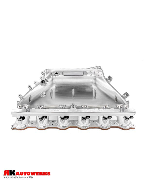 A wide view of Unfinished Aluminum of the RK Autowerks S58 BILLET PORT INJECTION MANIFOLD with a white background