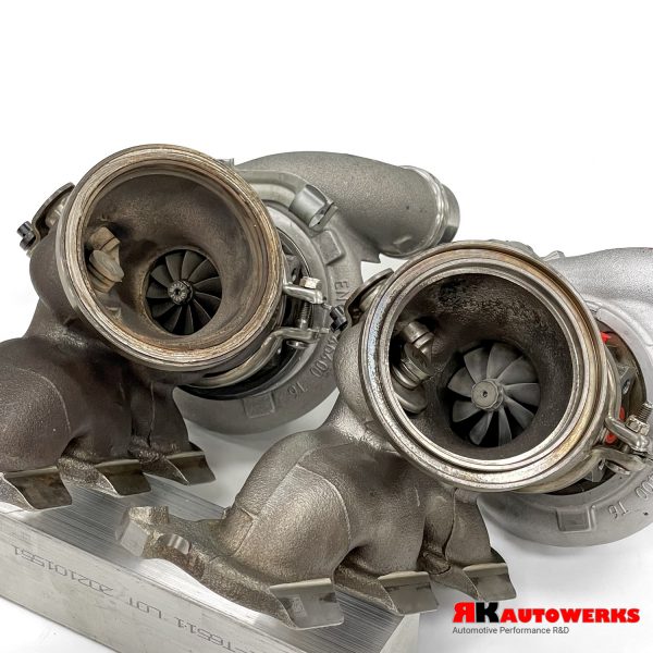 A close up view of RK Autowerks S58 STAGE 2 TURBO UPGRADE – M3 M4 G80 G82 G83 – X3M X4M F97 F98 with a white background