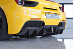 wide view of Capistro Carbon End Pipe Shells (Matte) for Ferrari 488 GTB / GTS 2015-2019 fitted inside a car