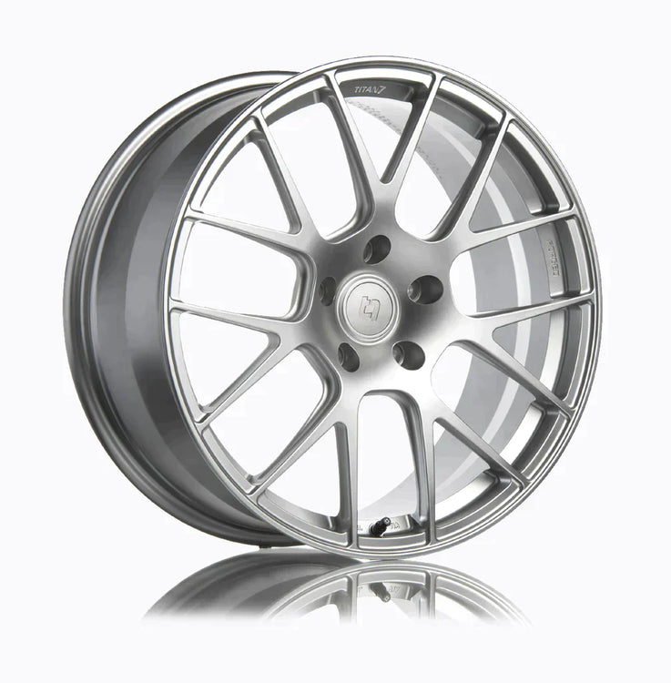 A side view of Titan 7 T-S7 Forged Split 7 Spoke Wheels in Iridium Silver for PORSCHE 911 977 NARROW BODY 2005-2011