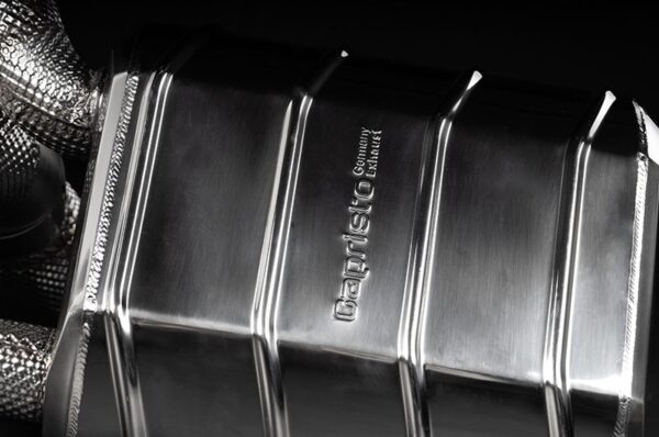 close view of Capristo Valved Exhaust with Heat Shield and Carbon/Stainless Exhaust Finisher for KTM X-Bow GT-XR 2008-2019 fitted inside a car