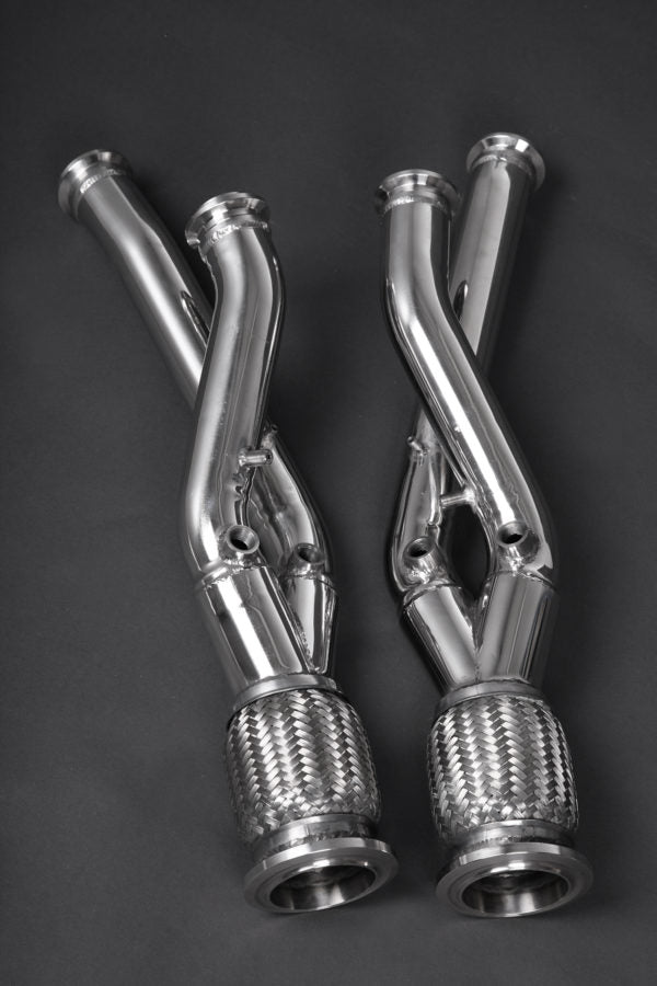 top view of Capristo Racing Test Pipes (with Heat Blankets) for Lamborghini Aventador 2011-2024 with black background