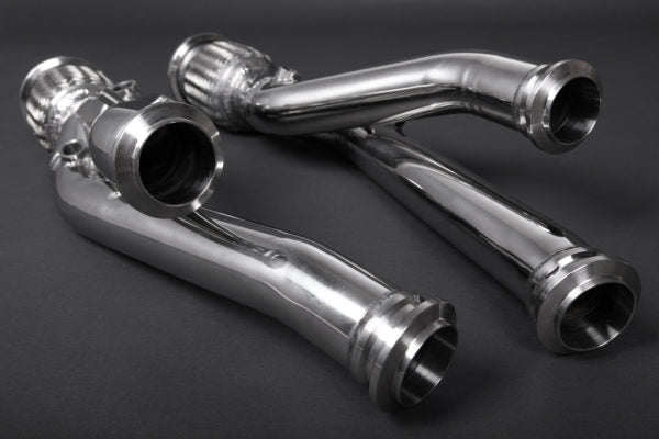 close side view of Capristo Racing Test Pipes (with Heat Blankets) for Lamborghini Aventador 2011-2024 with black background