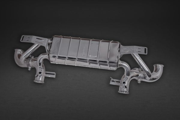 top view of Capristo Valved Exhaust with Carbon Fiber Tips for Lamborghini Gallardo Superleggera 2007-2008 with black background