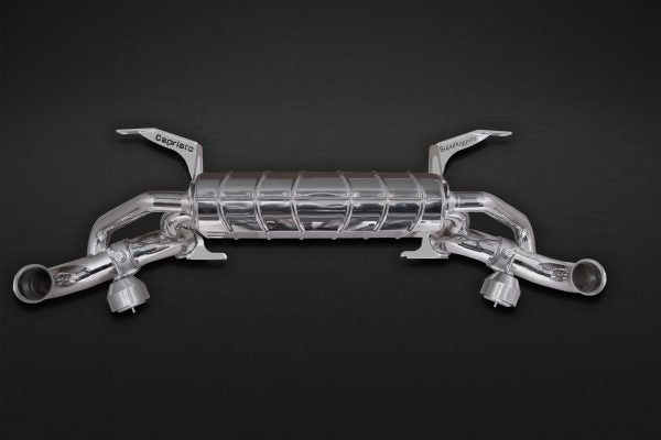 front view of Capristo Valved Exhaust with Carbon Fiber Tips for Lamborghini Gallardo Superleggera 2007-2008 with black background