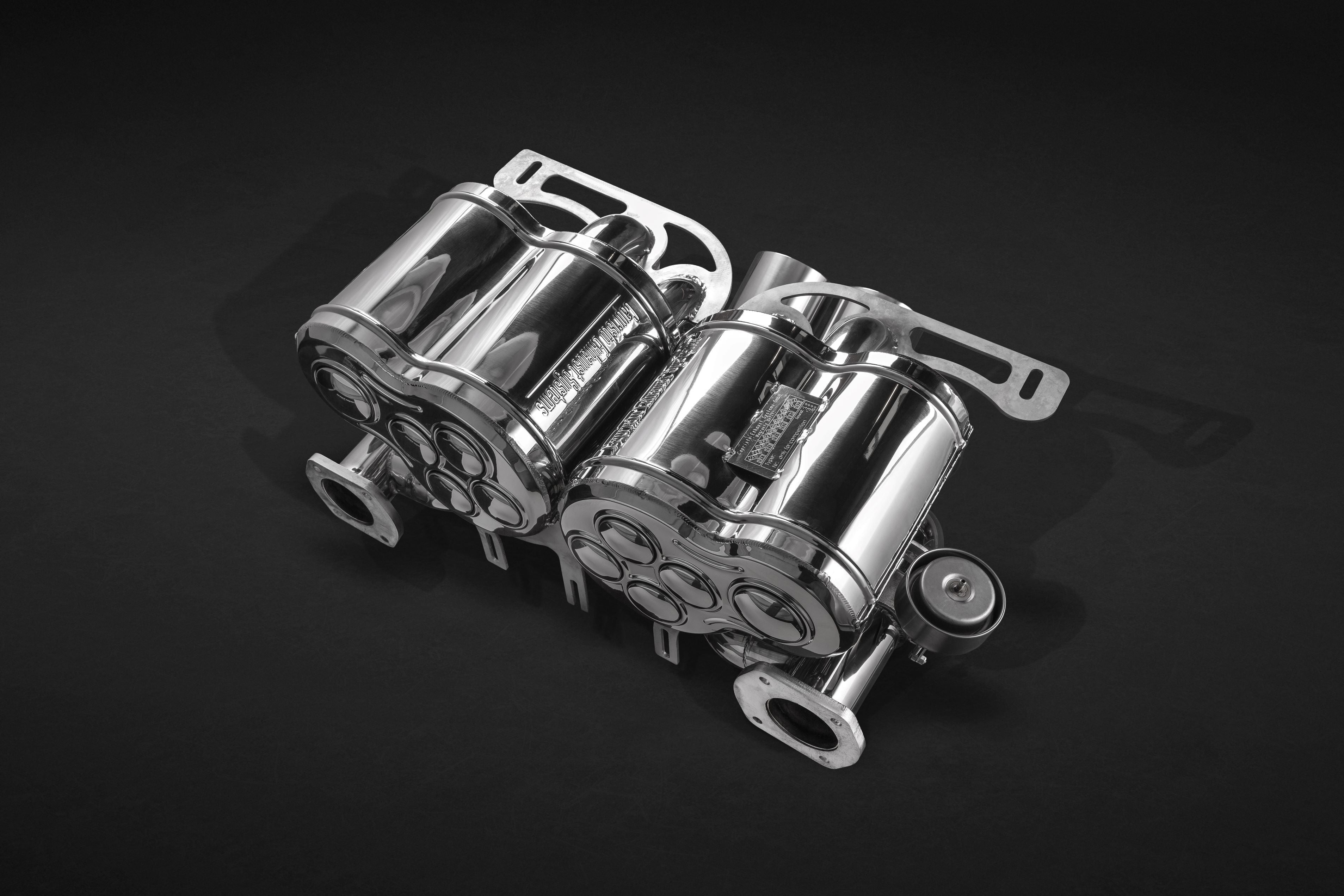 Capristo Murcielago valved exhaust from above showing four muffler canisters