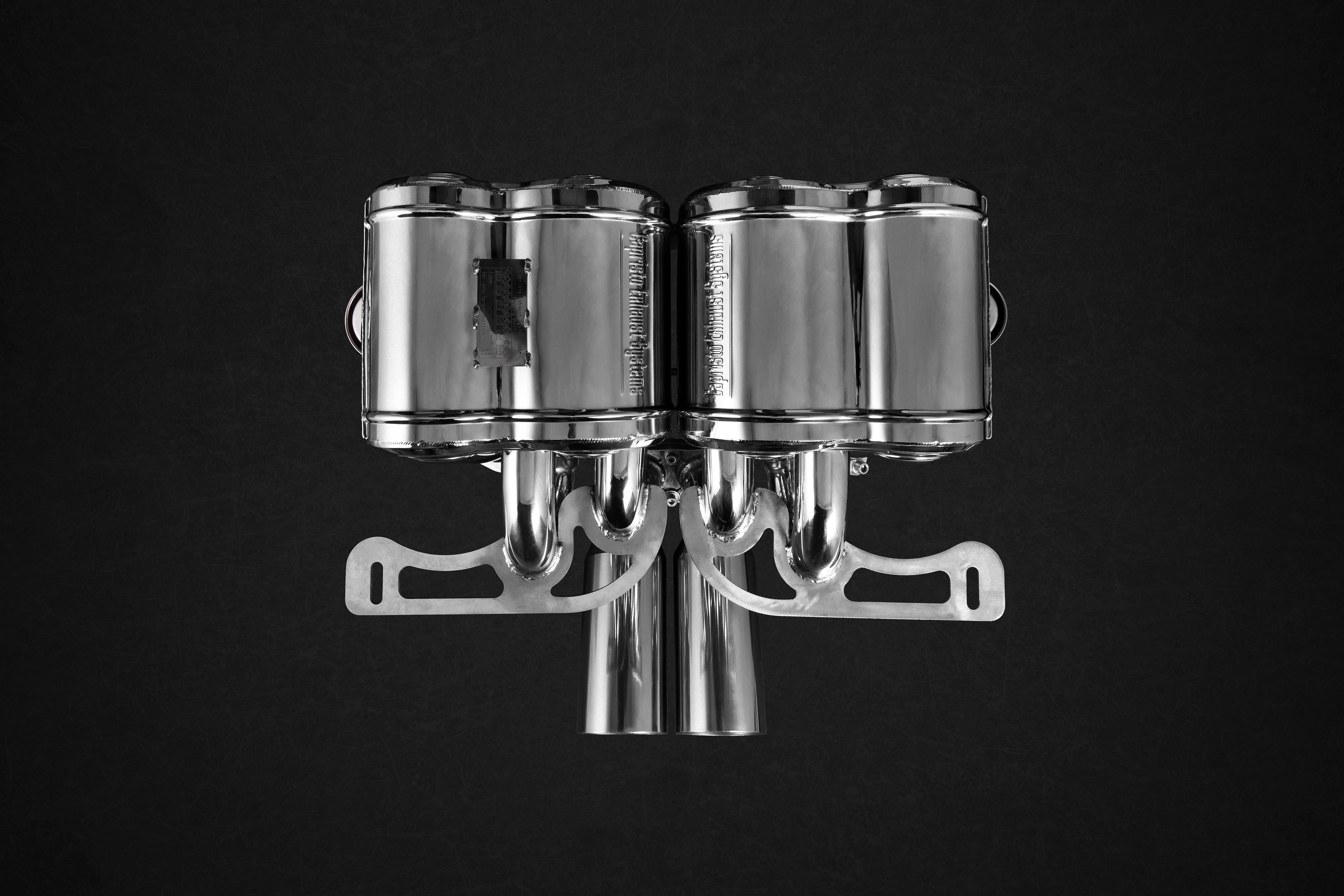 Capristo Murcielago valved exhaust standing upright, polished stainless mufflers and collectors