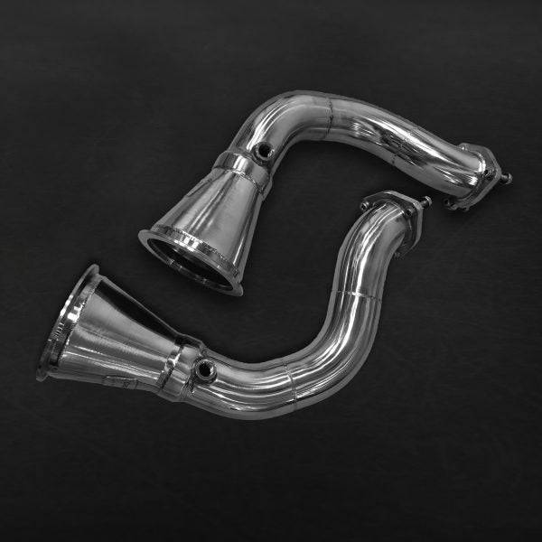 wide view of Capristo Cat Delete Downpipes For Porsche 536 Cayenne Turbo/Turbo E-Hybrid/GTS 2019+ with black background 