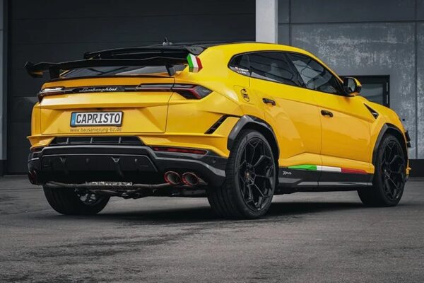 wide view of Capristo Valved Exhaust with Middle Silencer Spare and Wicrom “Performante” Tips (for OE Actuators) for Lamborghini Urus Performante 2023-2025 fitted inside a car