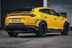wide view of Capristo Valved Exhaust with Middle Silencer Spare and Wicrom “Performante” Tips (for OE Actuators) for Lamborghini Urus Performante 2023-2025 fitted inside a car