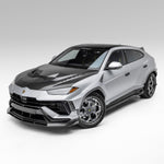 Grey Urus Performante fitted with carbon hood, front 3/4 view