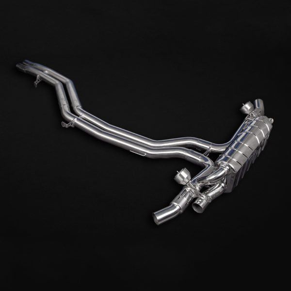 wide side view of Capristo Valved Exhaust with Middle Silencer Spare for OEM Tips (CES3) for Lamborghini Urus/S 2018+ with black background