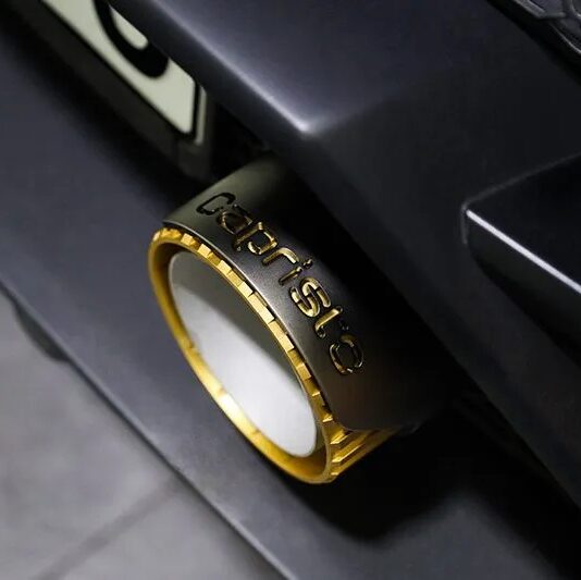 close view of Capristo Exhaust Tips for Lamborghini Huracan EVO/STO 2019-2024 fitted inside a car