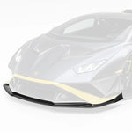 A side wide view of a car fitted with Vorsteiner Aero Front Spoiler Carbon Fiber for Lamborghini Huracan STO 2021-2025 with white background with the spoiler highlighted