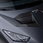 A top close up view of Vorsteiner Aero Hood Ducts Carbon Fiber for Lamborghini Huracan STO 2021-2025 fitted on a car