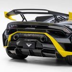 A back close up view of a car fitted with Vorsteiner Aero Rear Diffuser Carbon Fiber for Lamborghini Huracan STO 2021-2025 with white background