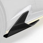 A side close up view of the bottom of a car fitted with Vorsteiner Aero Side Skirts Carbon Fiber for Lamborghini Huracan STO 2021-2025 with the side skirt highlighted