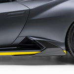 A side close up view of the bottom of a car fitted with Vorsteiner Aero Side Skirts Carbon Fiber for Lamborghini Huracan STO 2021-2025 