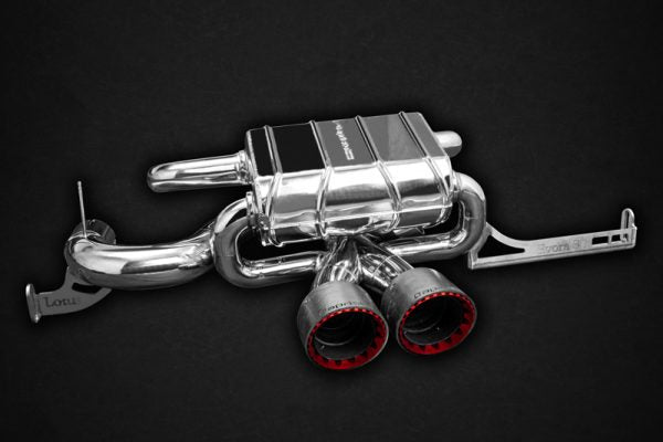 wide view of Capristo Valved Exhaust with Carbon Tips (CES3) for Lotus Evora/S 2010–2015 with black background