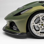 Emira front spoiler ahead of front wheel, low 3/4 close-up