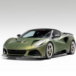 Green Emira with LR-52 vented fenders, front 3/4 view of car