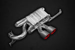 Capristo valved exhaust for Lotus Evora with twin carbon tips and red inner sleeves, polished