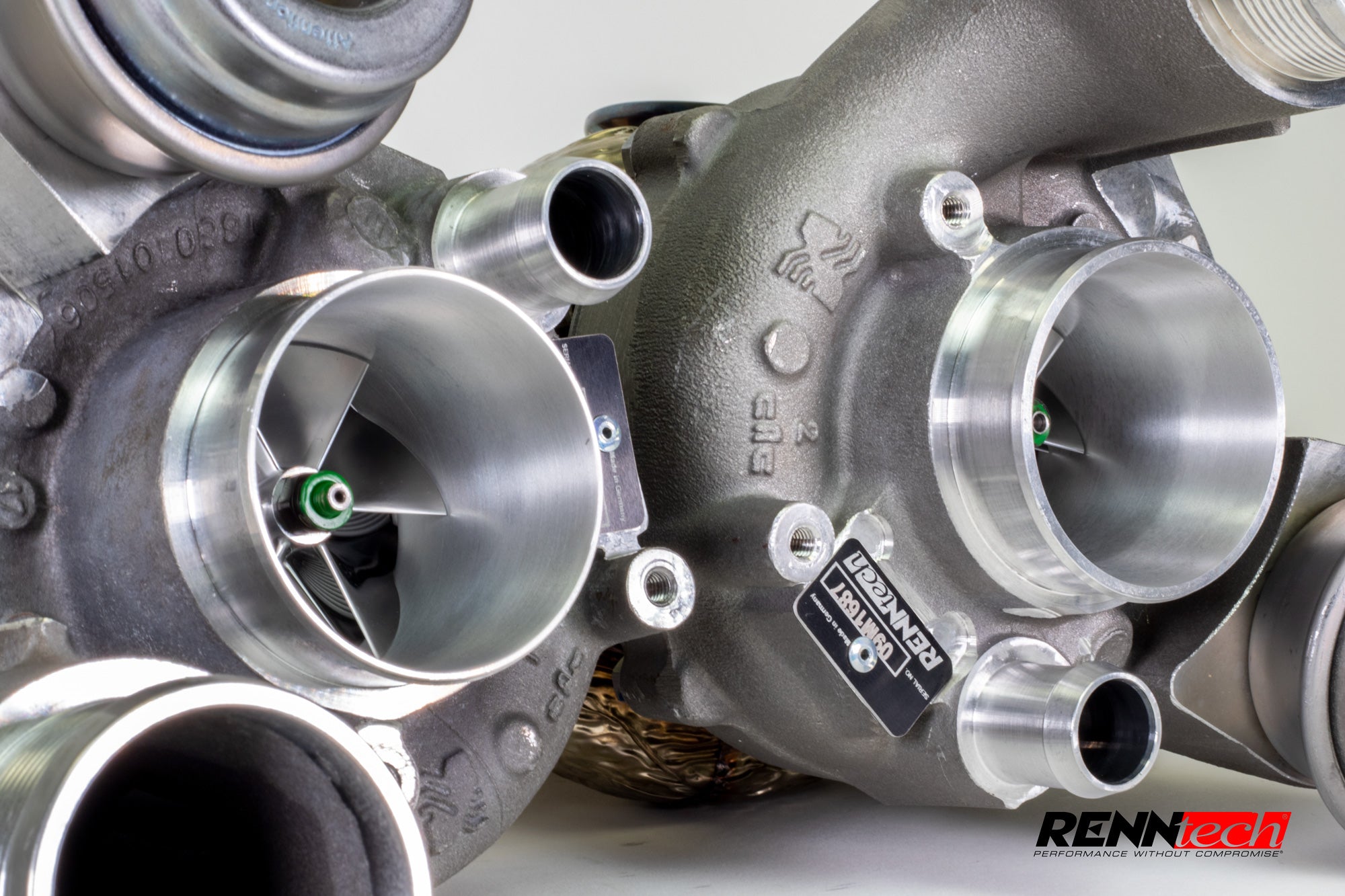 Pair of RennTech Stage II turbochargers close up - Stage II Turbo Upgrade Package for the 2019-2026 AMG GT 63 4-Door Coupe