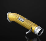 A front wide view of IPE SS Catted Downpipe for BMW 435i (F32 - N55) 2013-2016 with black background