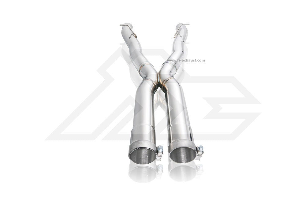 A front view of Fi EXHAUST Valvetronic Cat-Back System for BMW G14 / G15 M850i (OPF) 2019+ downpipe with white background
