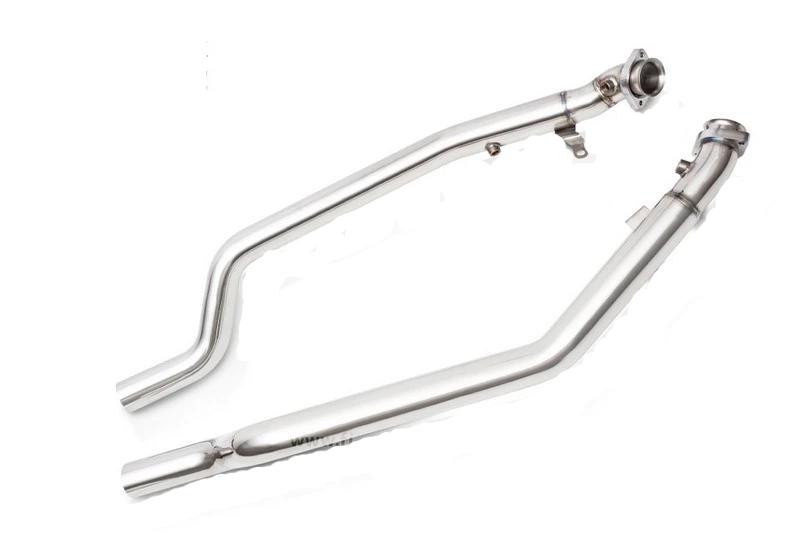 A top view of FI Exhaust Valvetronic Cat-Back System's downpipes For Mercedes-Benz vehicles with white background
