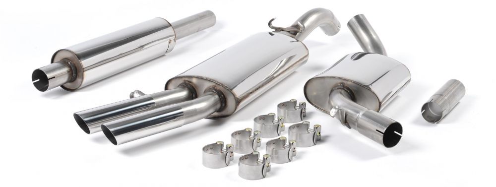 Milltek Sport exhaust system parts for 1984-1992 Volkswagen Golf Mk2 GTI 8v (part MCXVW202): pipework, silencers and black tailpipe tips